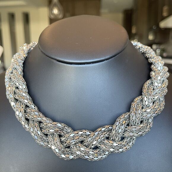 Express Braided Mesh Necklace Twisted Chain Statement Chunky Silver Tone Bling - Picture 6 of 6